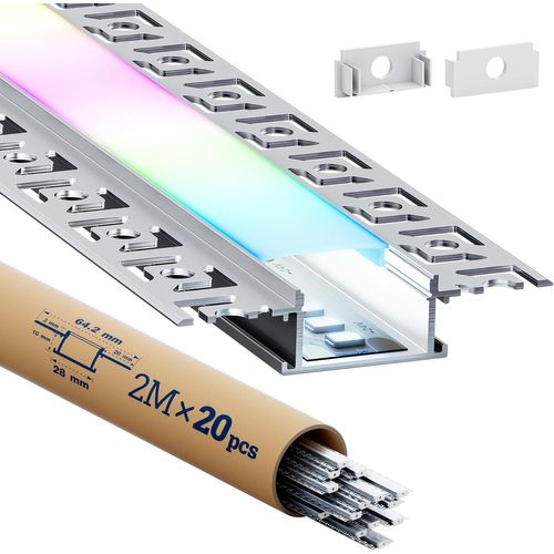 Lot De 20 Profilés Led En Forme De U - 2 M Profilés Encastrés Avec Diffuseur Pour Bandes Led Jusqu'À 20,2 Mm - Pour Plaques De Plâtre, Plafond, Éclairage Indirect[RUB9225212]