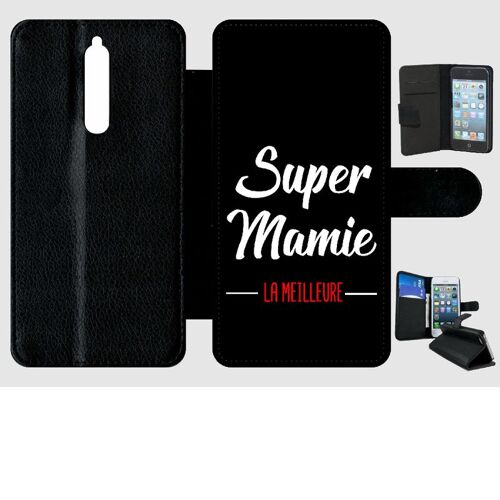 Etui A Rabat - Super Mamie La Meilleure Fond Noir - Compatible Avec Nokia 8 - Simili-Cuir - Bord Noir