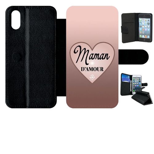 Etui A Rabat - Maman D Amour Dgrad De Rose - Compatible Avec Apple Iphone Xs - Plastique - Bord Noir