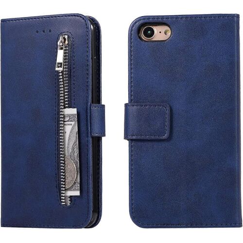 Étui portefeuille pour iPhone SE (5G) 2022 iPhone 7 iPhone 8 iPhone SE 2020, 5 emplacements pour cartes Sac à main Étui à rabat en cuir avec dragonne Housse de béquille TPU-bleu