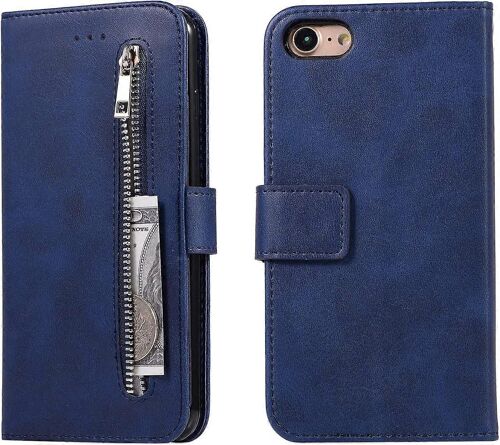 Étui portefeuille pour iPhone SE (5G) 2022 iPhone 7 iPhone 8 iPhone SE 2020, 5 emplacements pour cartes Sac à main Étui à rabat en cuir avec dragonne Housse de béquille TPU-bleu