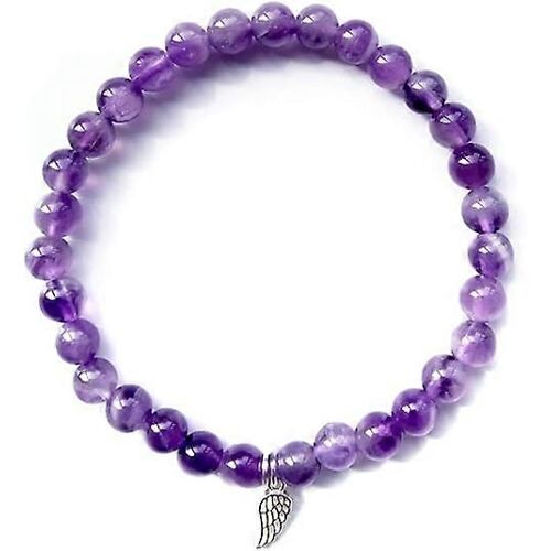 Bracelet Améthyste Naturelle 16.5 17.78cm Avec Argent Sterling 925 Ange Aile Croix Quatre Feuilles Trèfle Coeur Caoutchouc Charme 6mm Perle Guérison