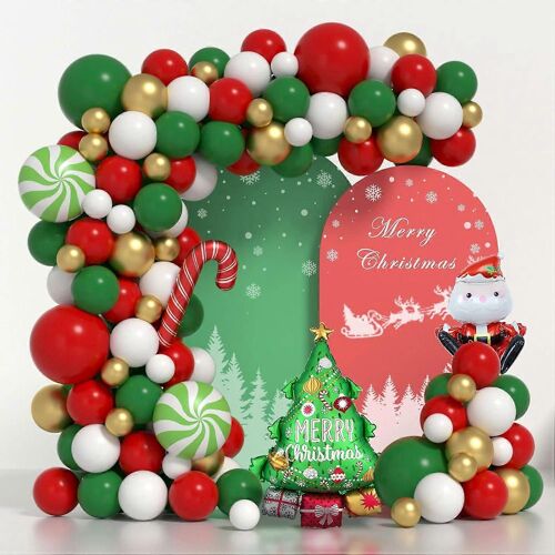 Kit d'arche de guirlande de ballons de Noël, 109Pcs Rouge Vert Or Ballons blancs avec des bonbons Arbre de Noël Elk Santa Claus Ballons en aluminium pour Noël