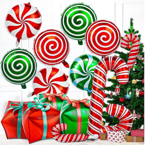 Noël feuille ballons, grand sucre d'orge tourbillon Mylar ballons avec rubans, ballons rouge vert pour anniversaire et bonbons thème décorations de fête 30 Pcs