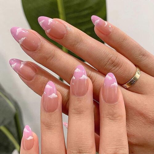 Heytea 24pcs Stiletto Press Sur Les Ongles, Nuages Faux Ongles Moyens, Amande Brillante Mignonne Faux Ongles, Ongles Acryliques Artificiels À Couverture Complète Pour Les Femmes Et Les Filles
