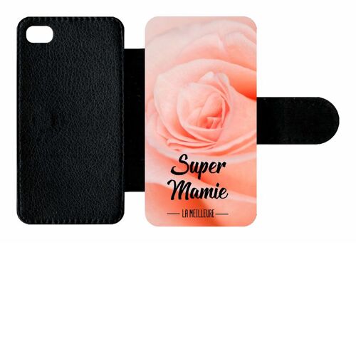 Etui A Rabat - Super Mamie La Meilleure Fond De Roses - Compatible Avec Apple Iphone 4s - Simili-Cuir - Bord Noir