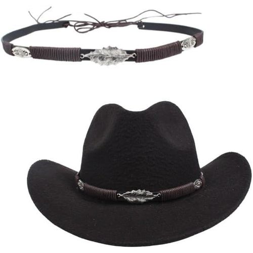 Chapeau De Cowboy Classique En Feutre Pour Homme Et Femme - Large Bord - Boucle De Ceinture - Noir, Noir , Taille Unique[Cei9262392]
