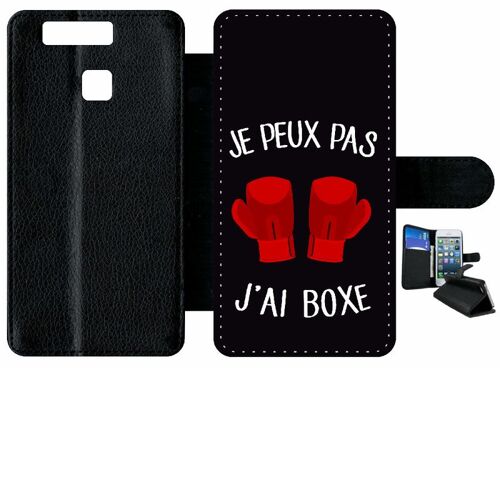 Etui a rabat - Je peux pas j ai boxe fond noir - compatible avec huawei Ascend P9 - Simili-cuir - bord Noir