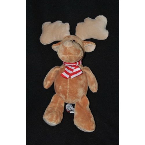 Doudou Peluche Cerf Elan Renne Kinder Ferrero Echarpe Rayée Rouge Blanc 30 Cm