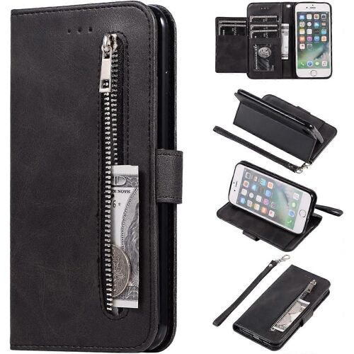 Étui portefeuille pour iPhone 6 iPhone 6S, 5 emplacements pour cartes, sac à main, étui à rabat en cuir PU avec dragonne, housse de béquille en TPU - Noir