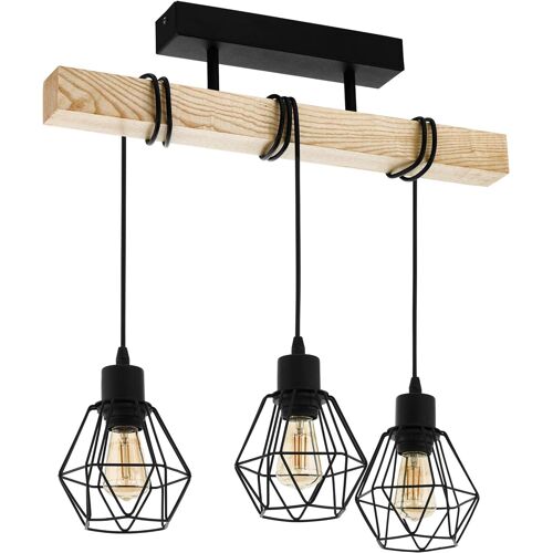 Suspension Luminaire , Lustre À 3 Lampes, Abat-Jour Suspendus Au Design Vintage Et Industriel, Éclairage Rétro En Acier Noir Et Bois, Douille E27