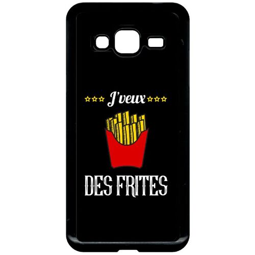 Coque Pour Smartphone - J Veux Des Frites Fond Noir - Compatible Avec Samsung Galaxy J3 (2016) - Plastique - Bord Noir