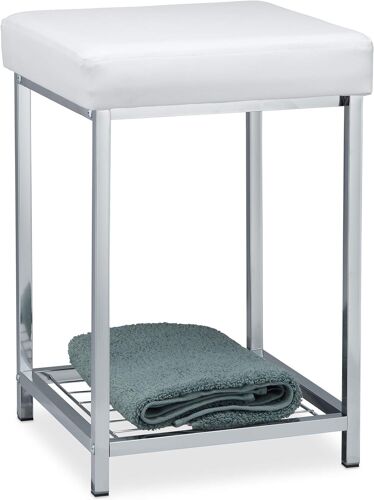 Tabouret rembourré, Petit siège, carré, Repose-Pieds avec Rangement, Salle de Bain, 47 x 33 x 33 cm, Blanc