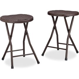 Tabouret De Jardin Lot De 2 Pliant Plastique Optique Rotin Balcon Terrasse Rond Résistant Hxlxp: 45 X 32,5 X 29 Cm, Marron