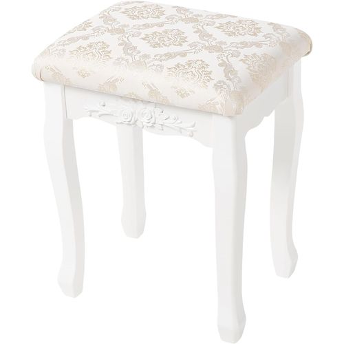 Tabouret De Coiffeuse Vintage Style Baroque, Tabouret De Maquillage Rembourré, Tabouret De Piano, Chaise De Coiffeuse Confortable Pour Chambre À Coucher, Mdf+Chêne, Blanc, 40x30x50cm