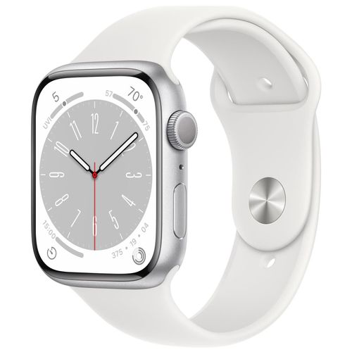 Apple Watch Series 8 (GPS) - 45 mm - aluminium argenté - Montre connectée avec bracelet sport - fluoroélastomère - blanc - taille du bracelet : Normal - 32 Go - Wi-Fi, Bluetooth - 38.8 g