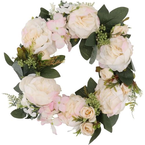 1 pièce de couronne de fleurs artificielles de pivoine blanche ornement décoratif à suspendre pour porte et maison par