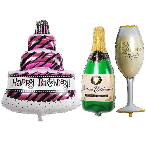 Grand ensemble de ballons de fête d'anniversaire de 3 - Gâteau - Champagne, bouteille et formes de verre