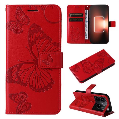 Saturcase Coque Pour Realme Gt Neo 5, Papillon Gaufrage Pu Cuir Magnétique Flip Portefeuille Support Porte-Carte Protecteur Housse Étui Avec Dragonne Pour Realme Gt Neo 5 (Rouge)