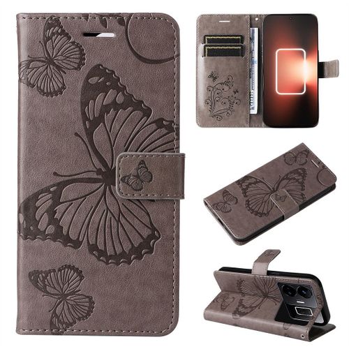 Saturcase Coque Pour Realme Gt Neo 5, Papillon Gaufrage Pu Cuir Magnétique Flip Portefeuille Support Porte-Carte Protecteur Housse Étui Avec Dragonne Pour Realme Gt Neo 5 (Gris)