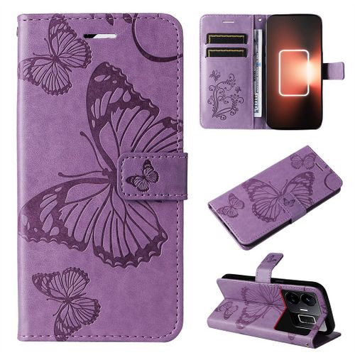 Saturcase Coque Pour Realme Gt Neo 5, Papillon Gaufrage Pu Cuir Magnétique Flip Portefeuille Support Porte-Carte Protecteur Housse Étui Avec Dragonne Pour Realme Gt Neo 5 (Violet)