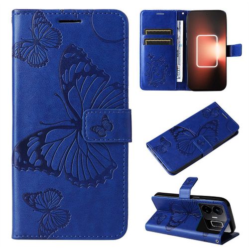 Saturcase Coque Pour Realme Gt Neo 5, Papillon Gaufrage Pu Cuir Magnétique Flip Portefeuille Support Porte-Carte Protecteur Housse Étui Avec Dragonne Pour Realme Gt Neo 5 (Bleu)