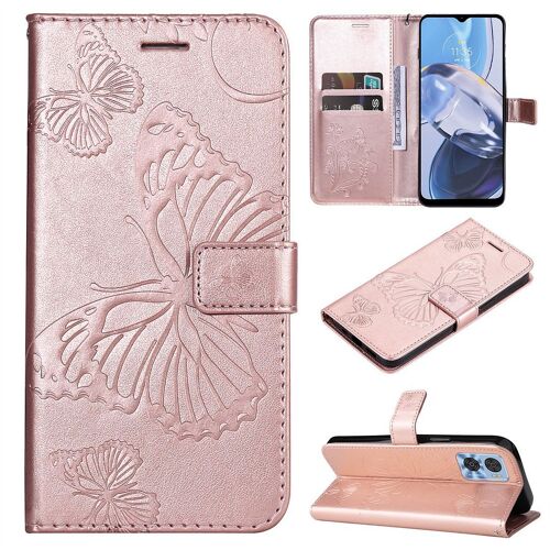 Saturcase Coque Pour Motorola Moto E22, Papillon Gaufrage Pu Cuir Magnétique Flip Portefeuille Support Porte-Carte Protecteur Housse Étui Avec Dragonne Pour Motorola Moto E22 (Or Rose)