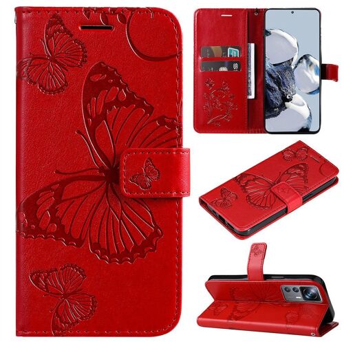 Saturcase Coque Pour Xiaomi 12t / 12t Pro, Papillon Gaufrage Pu Cuir Magnétique Flip Portefeuille Support Porte-Carte Protecteur Housse Étui Avec Dragonne Pour Xiaomi 12t / 12t Pro (Rouge)