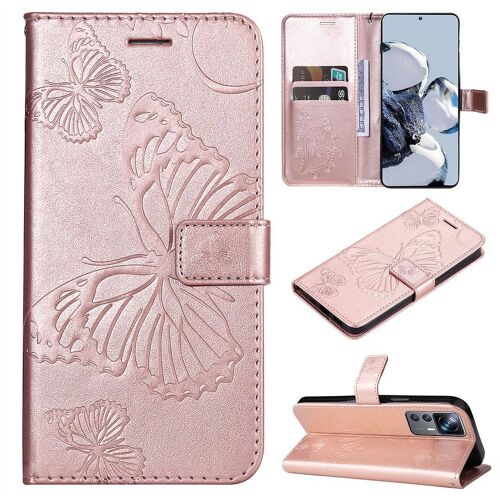 Saturcase Coque Pour Xiaomi 12t / 12t Pro, Papillon Gaufrage Pu Cuir Magnétique Flip Portefeuille Support Porte-Carte Protecteur Housse Étui Avec Dragonne Pour Xiaomi 12t / 12t Pro (Or Rose)