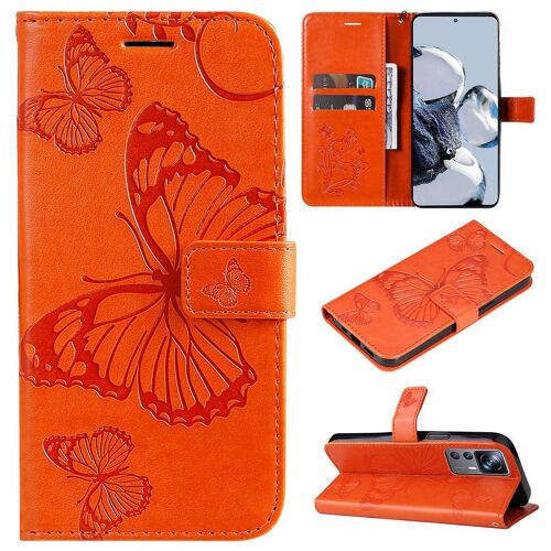 SATURCASE Coque pour Xiaomi 12T / 12T Pro, Papillon Gaufrage PU Cuir Magnétique Flip Portefeuille Support Porte-carte Protecteur Housse Étui avec Dragonne pour Xiaomi 12T / 12T Pro (Orange)