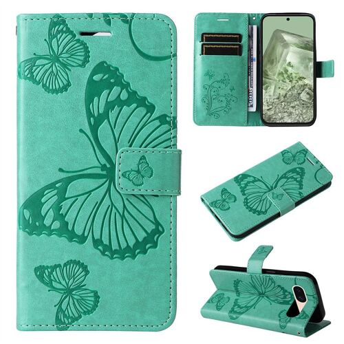 Saturcase Coque Pour Google Pixel 8a, Papillon Gaufrage Pu Cuir Magnétique Flip Portefeuille Support Porte-Carte Protecteur Housse Étui Avec Dragonne Pour Google Pixel 8a (Vert)