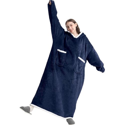 Couverture À Capuche Extra Longue Surdimensionnée En Sherpa Pour Homme Et Femme, Couverture À Capuche Prête-À-Porter Avec Manches Et Poche Géante (Bleu Marine, Taille 150 Long)