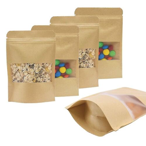 100pcs Paper Sweet Bags avec fenêtre, 10x15cm Refermable Stand Up Kraft Brown Dry Food Sacs de rangement pour collations