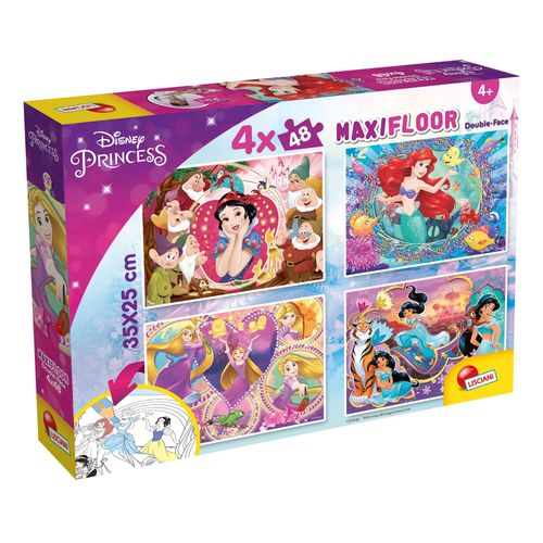 Lisciani Puzzle pour enfants a partir de 3 ans 4 x 48 pi ces 2 en 1 Double Face Recto Verso avec le dos colorier - Disney Princesse - 91744