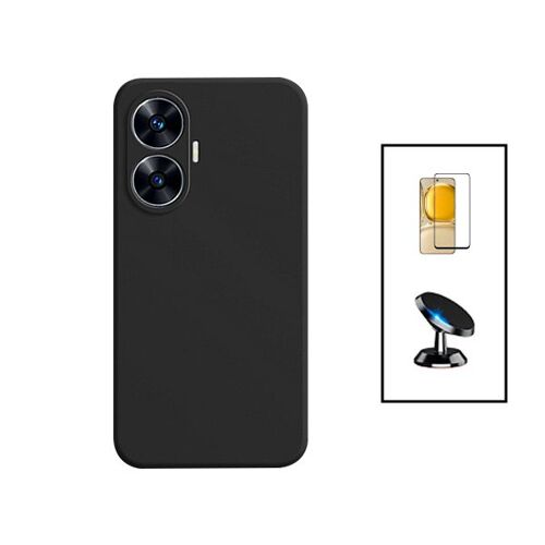 Kit Film Verre Trempé 5D Full Cover + Coque Silicone Liquide + Support Magnétique de Voiture pour Realme C55 - Noir