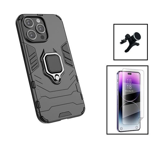 Kit Film Hydrogel Full Cover Avant + Coque 3X1 Military Defender + Support Magnétique de Voiture Renforcé pour Apple iPhone 15 Pro - Noir