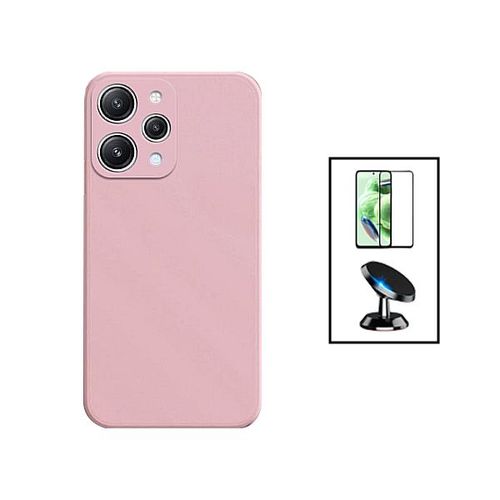 Kit Film Verre Trempé 5d Full Cover + Coque Silicone Liquide + Support Magnétique De Voiture Pour Xiaomi Redmi 12 - Rose