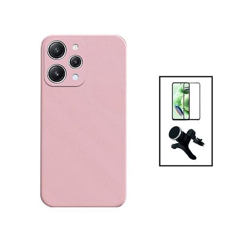 Kit Film Verre Trempé 5d Full Cover + Coque Silicone Liquide + Support Magnétique De Voiture Renforcé Pour Xiaomi Redmi 12 - Rose