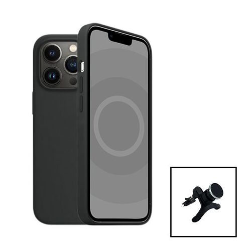 Kit Support Magnétique Renforcé de Voiture + Coque Silicone Liquide pour Apple iPhone 15 Plus - Noir