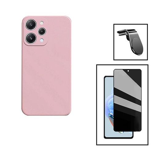 Kit Film Verre Trempé 5d Anti-Spy + Coque Silicone Liquide + Support Magnétique L Safe Driving Voiture Pour Xiaomi Redmi 12 - Rose