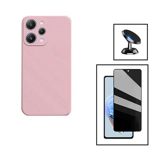 Kit Film Verre Trempé 5d Anti-Spy + Coque Silicone Liquide + Support Magnétique De Voiture Pour Xiaomi Redmi 12 5g - Rose