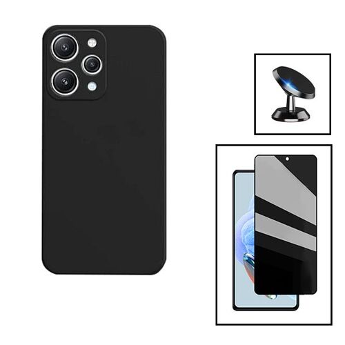 Kit Film Verre Trempé 5D Anti-Spy + Coque Silicone Liquide + Support Magnétique de Voiture pour Xiaomi Redmi 12 5G - Noir