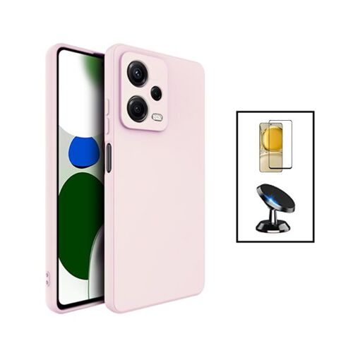 Kit Film Verre Trempé 5D Full Cover + Coque Silicone Liquide + Support Magnétique de Voiture pour Xiaomi Poco X5 - Rose