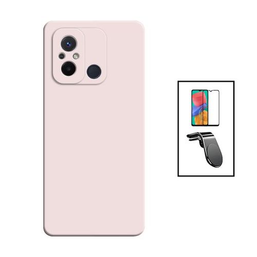 Kit Film Verre Trempé 5d Full Cover + Coque Silicone Liquide + Support Magnétique L Safe Driving Voiture Pour Xiaomi Redmi 12c - Rose