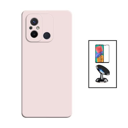 Kit Film Verre Trempé 5d Full Cover + Coque Silicone Liquide + Support Magnétique De Voiture Pour Xiaomi Redmi 12c - Rose