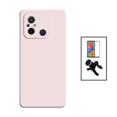 Kit Film Verre Trempé 5d Full Cover + Coque Silicone Liquide + Support Magnétique De Voiture Renforcé Pour Xiaomi Redmi 12c - Rose