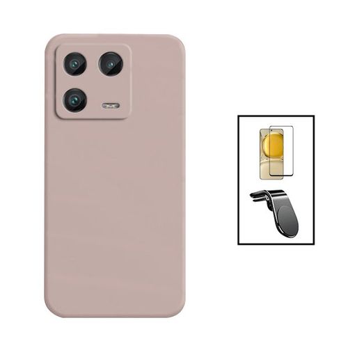 Kit Film Verre Trempé 5d Full Cover + Coque Silicone Liquide + Support Magnétique L Safe Driving Voiture Pour Xiaomi 13 - Rose