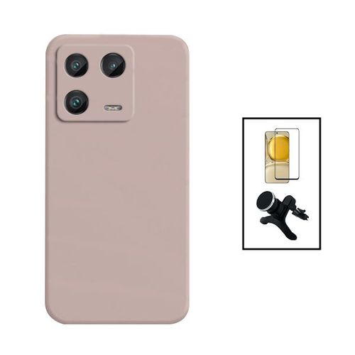 Kit Film Verre Trempé 5d Full Cover + Coque Silicone Liquide + Support Magnétique De Voiture Renforcé Pour Xiaomi 13 - Rose