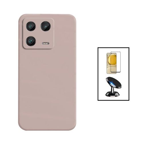 Kit Film Verre Trempé 5d Full Cover + Coque Silicone Liquide + Support Magnétique De Voiture Pour Xiaomi 13 - Rose