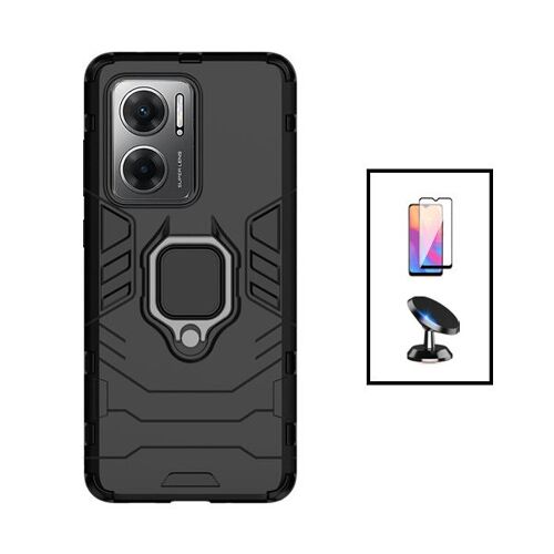 Kit Film Verre Trempé 5D Full Cover + Coque 3X1 Military Defender + Support Magnétique de Voiture pour Xiaomi Redmi 11 Prime 5G - Noir
